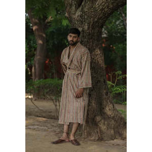 Men's Lightweight Cotton Bathrobe with Pockets Striped Long Lounge <b>Robe</b> Comfortable Breathable for Spa Resort <b>Beach</b> One Size - Product Image 1