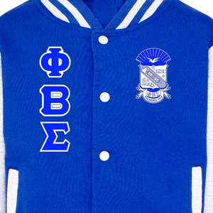 Veste universitaire bleue et blanche avec lettres grecques brodées 1914 G.O.W.A.R. Pull-over pour homme style preppy avec logo sur le devant - Product Image 2