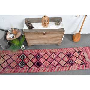 Alfombra étnica de área grande de 2,3x10,7 pies, patrón de retazos turco Vintage, Material de lana rosa y naranja, respaldo de látex para pasillo y dormitorio - Product Image 5