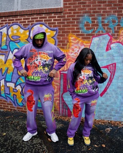 Custom All over Screen Printed Sweat Suit Jogger Pullover Hoodie y Flare Stacked Sweat Pants Acid Wash Chándal Set - Product Image 5