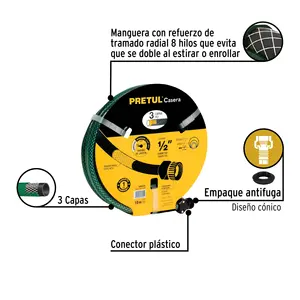 Carrete de Manguera de Jardín Reforzado Pretul de 3 Capas, Manguera de PVC de 10 m con Conexiones de 1/2 Pulgada para Riego y Uso en Exteriores - Product Image 4