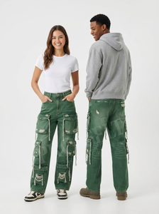 Pantalones Cargo Vaqueros con Logotipo Personalizado, Estilo Desgastado, Multibolsillos, Pierna Ancha, Estilo Urbano Americano, Pantalones Utilitarios, Estilo Casual - Product Image 4