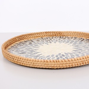Eco Friendly Handmade Mother Of Pearl With Rattan Serving <b>Tray</b> Round Blue White Radial Pattern Bulk For <b>Kitchen</b> Dining Tabletop - Product Image 3