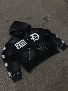 Custom Logo Oversized Black Studded <b>Zip</b>-<b>Up</b> Hoodie Premium Unisex Gothic Streetwear Fashion Hooded Sweatshirt <b>Jacket</b> for Men Wome - Product Image 4