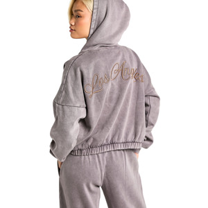 ชุดวอร์มผู้หญิงผ้าฝ้าย 100% ทรงหลวม มีฮู้ด สไตล์สตรีทแวร์ วินเทจ ครอป ปักลาย ลวดลายพิมพ์ เชือกผูกเอว ล้างสีแบบ Acid Wash - Product Image 2