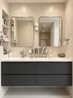 Meuble-lavabo double vasque flottant mat coloré avec miroir LED intégré et plan de travail en pierre