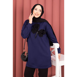 Túnica Hijab Azul Marino Oysho con Detalle de Lazo y Adornos de Piedras, Estilo Veraniego, Modesto, Formal, Casual, Estampado, Tejido de Algodón y Chifón - Product Image 2