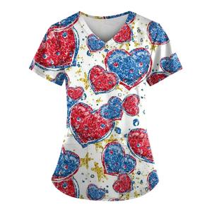 2024 moda trébol estampado verde Scrub Tops día clínica cuidadores enfermera uniforme clínica personal blusa Uniforme De Enfermera Para Mujer - Product Image 1