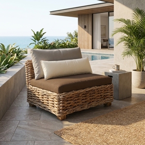 Natural Chunky <b>Rattan</b> <b>Outdoor</b> Armless Chair Brown Cushion Cream Bolster Pillow Setup Decor Pure Art Room Design - Product Image 5
