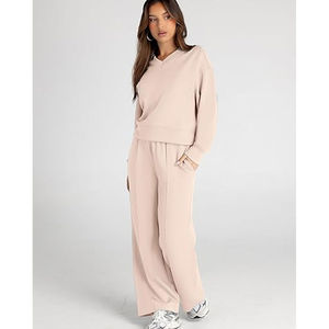 ชุดวอร์มโอเวอร์ไซส์สำหรับผู้หญิง ปี 2025 เสื้อฮู้ดครอปซิปเต็มตัว กางเกงขายาวทรงบาน แต่งลายปักแบบดิสเทรส สีพื้น ลุคซักฟอก สไตล์จ็อกกิ้ง - Product Image 3