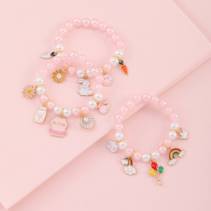 Bonito cristal pulseiras para crianças bebê pérola talão pulseiras banhado a ouro arco-íris feminino liga romântica jóias - Product Image 3