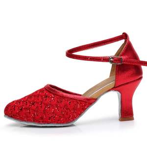 Zapatos de Baile Latino de Salón para Mujer al por Mayor, Tango Salsa con Encaje y Brillo, Parte Superior Cómoda, Suela de Cuero Genuino, Tacón de Algodón - Product Image 4