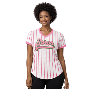 Pull de baseball gris clair pour sororité grecque, vêtements décontractés élégants pour sororité universitaire, rose et vert - Product Image 1