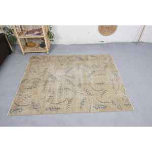 Tapis moderne en laine beige fait à la main 4x5ft Vintage Turkish Patchwork Design Abstrait Latex Rectangulaire pour les grands couloirs et chambres - Product Image 3