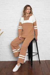 Conjunto de dos piezas de gran tamaño con cremallera a rayas de punto para mujer de alta calidad, ropa informal, ropa de oficina, conjunto de pantalones y suéter - Product Image 5