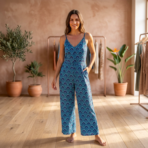 V Neck Sweet Natural Floral Geometric Print <b>Maxi</b> Jumpsuit Sleeveless Spaghetti Strap Breathable Summer Woven Cotton Casual <b>Dress</b> - Product Image 4
