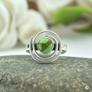 แหวนเงินสเตอร์ลิง925แข็งสีเขียวทองแดงเทอร์ควอยส์ทรงกลมขนาด7มม. เครื่องประดับแฟชั่นทำมือสำหรับผู้หญิง - Product Image 6