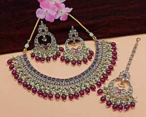 New Design Gold Plated Traditional <b>Drop</b> <b>Pearl</b> & Stone Studded Earring Mangtika Choker <b>Necklace</b> Set & Jewellery Set for Women - Product Image 5