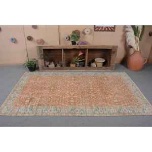Tapis traditionnel écologique en laine bleu orange oriental 4.5x7.9 pieds Design turc vintage tissage plat Patchwork salon - Product Image 4