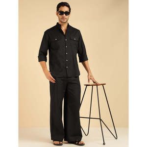 Amanush <b>Men's</b> Black Cotton Solid Co-Ord Set Full Sleeves Mandrin Collar Shirt And Ankle Length Trouser Casual Summer Wear Outfit - Product Image 1