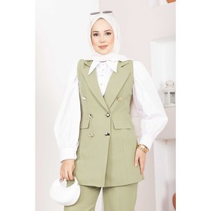 Conjunto de chaleco hijab estilo oficinista con detalle de cuello tipo pañuelo, verde oliva - Product Image 2