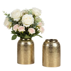 Classic Gold Flower <b>Vase</b> <b>Set</b> Of 2 Round Metal Hammered Finish Decorative <b>Vases</b> For Modern Luxury Home Decor Tabletop Accent - Product Image 6