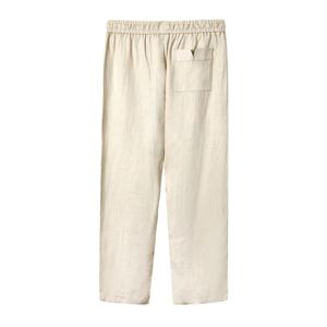 Sand linen <b>pants</b> with an elastic waist, button-fly, zippered side pocket, and sewn pleats, offering a breezy, relaxed fit - Product Image 2
