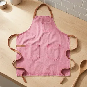 Tablier en toile rose avec bretelles en cuir, trois poches, réutilisable, écologique, style classique pour la cuisine et l'usage quotidien, lavable en machine - Product Image 1
