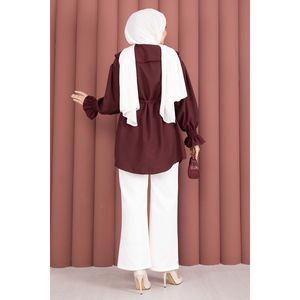 Tunique en popeline bordeaux pour femmes, chic, col brodé à volants et taille à cordon, tailles XS-XL, pour les fêtes - Product Image 6