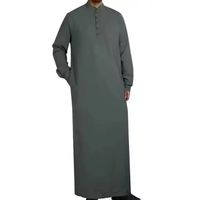 Jubah Islami Pria Kasual Longgar Kerah V Lengan Panjang Sepanjang Lutut 2 Saku Samping Kantong Ponsel Dalam Bahan Katun Bernapas