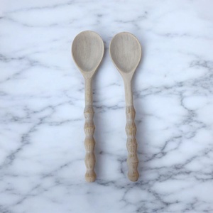 Flat Utensils Elongated <b>Set</b> 2 Hand-Carved White-Washed Mango Wood Party Home Kitchen Table Decor Serving Spoons Cutlery - Product Image 4