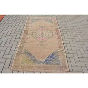 Tapis turc Vintage traditionnel Beige bleu 3.6 X 7ft grande surface laine peluche Patchwork Rectangle couloir Design tapis de chambre en latex - Product Image 1