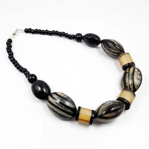 Geometric Circle <b>Statement</b> <b>Necklace</b> With Resin And Wood Beads In Blue Yellow White And Natural Colors Unisex Trendy Jewelry - Product Image 5