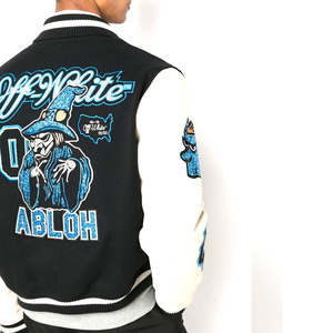 Chaqueta universitaria negra de lujo personalizada para hombre con cuello levantado, chaqueta con letras y manga de cuero de tela de lona estilo callejero - Product Image 6