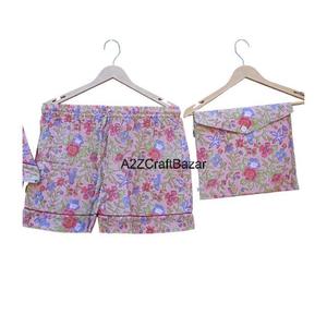 Conjunto de Pijama Corto para Mujer, 100% Algodón Puro, Estampado Floral Indio Romántico de Verano, Transpirable, Cuello en V, Cierre con Cordón, Suave - Product Image 3