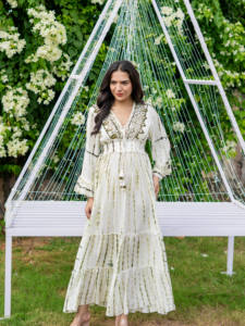 Vestido Largo de Algodón para Mujer, Blanco con Bordado Verde, Estilo Bohemio, Vestido Largo de Verano para Mujer, Blanco con Bordado Verde - Product Image 2