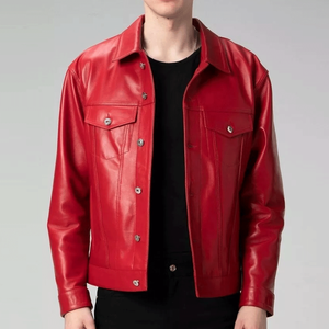 Chaqueta bomber con cierre abotonado de piel de cordero auténtica roja de camionero clásico para hombre - Product Image 1