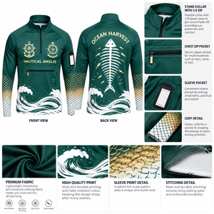 Camicia da Pesca Nautica da Uomo UPF 50 ad Asciugatura Rapida Traspirante a Maniche Lunghe con Zip a Quarto, Taglie Forti, per Tornei e Attività all'Aperto - Product Image 2