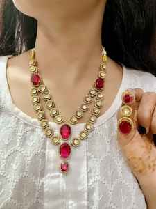 Ensemble de collier Polki à double couche avec boucles d'oreilles pour femmes, parfait pour les soirées, collier de luxe en laiton de qualité supérieure - Product Image 4