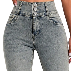 Women High <b>Waisted</b> Skinny Denim <b>Jeans</b> Three Button <b>Elastic</b> Stretch Full Length for Stone Wash Butt Lift Slim Winter Summer - Product Image 3