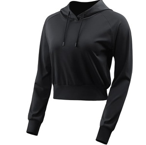 Sudadera Corta con Capucha para Mujer, Color Negro Sólido, Manga Larga, Tejido de Poliéster, para Otoño - Product Image 1