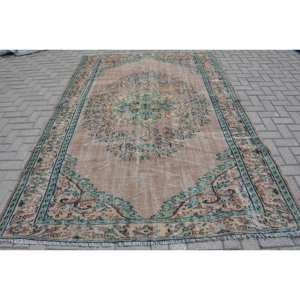 Tapis turc vintage traditionnel Beige vert 6.4x9.1 pieds laine tissage plat Patchwork Design Aubusson Style pour salon Latex - Product Image 1