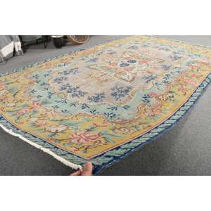 Classique Bleu Beige Vintage Tapis Turc 5.6X9.2 pieds À La Main Patchwork Conception Laine Bambou Soie Latex Salon Couloir Rectangle - Product Image 5