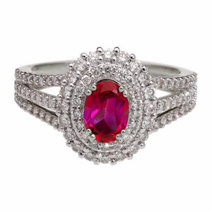 แหวนทองคำ 14K ชุบโรเดียม ประดับเพชรแบบคลาสสิกสามแถว ประดับพลอยสีแดงรูปไข่ ดีไซน์วงแหวนสองชั้น ประดับเพชรแท้ ดีไซน์ก้านแหวนแยก - Product Image 2