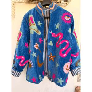 Royal Blue Velvet Embroidered Reversible Floral <b>Pattern</b> Single Button Closure <b>Jacket</b> <b>Quilted</b> Outerwear Sheep Skin Soft Thin - Product Image 3