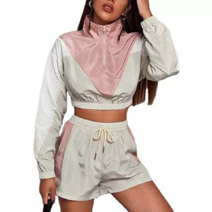 Ensemble de survêtement en nylon deux pièces à blocs de couleurs personnalisés pour femmes veste coupe-vent zippée veste courte ensemble de 2 pièces - Product Image 1