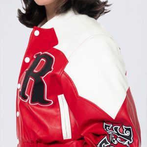 Veste de course personnalisée en cuir véritable pour femmes, peau de mouton rouge de haute qualité, couleur unie, patch brodé, mode motard - Product Image 5