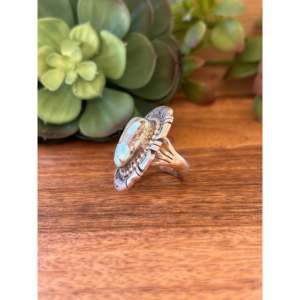 Gabby Spencer Golden Hill's <b>Statement</b> Boho <b>Ring</b> Turquoise Sterling <b>Silver</b> Vermeil Plating Platinum Band Size 8 Everyday Wear - Product Image 4