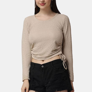 Women's High Quality Cotton Full Sleeve <b>Crop</b> <b>Top</b> with New Drawstring Design Short Neck Wear for Summer Print Pattern - Product Image 1