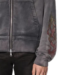 Fabricante de ropa MOQ bajo personalizado de alta calidad 100% poliéster patrón de diamantes de imitación Zip up Crop Zipper hombres Sudadera con capucha - Product Image 3